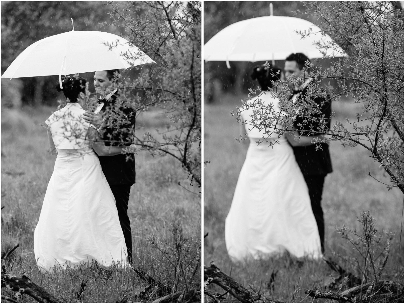 Brautpaar Shoot im Regen Hochzeitsfotos bei Regen Weißer Regenschirm