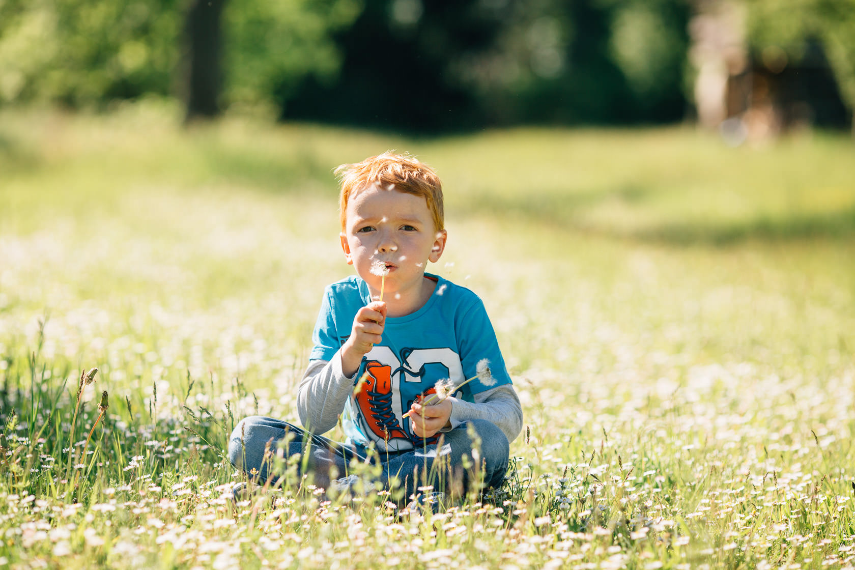 Familienfotos in der Natur Familienfotograf Karlsruhe Sommerfotos Pusteblumen Familienfotografie Fotograf